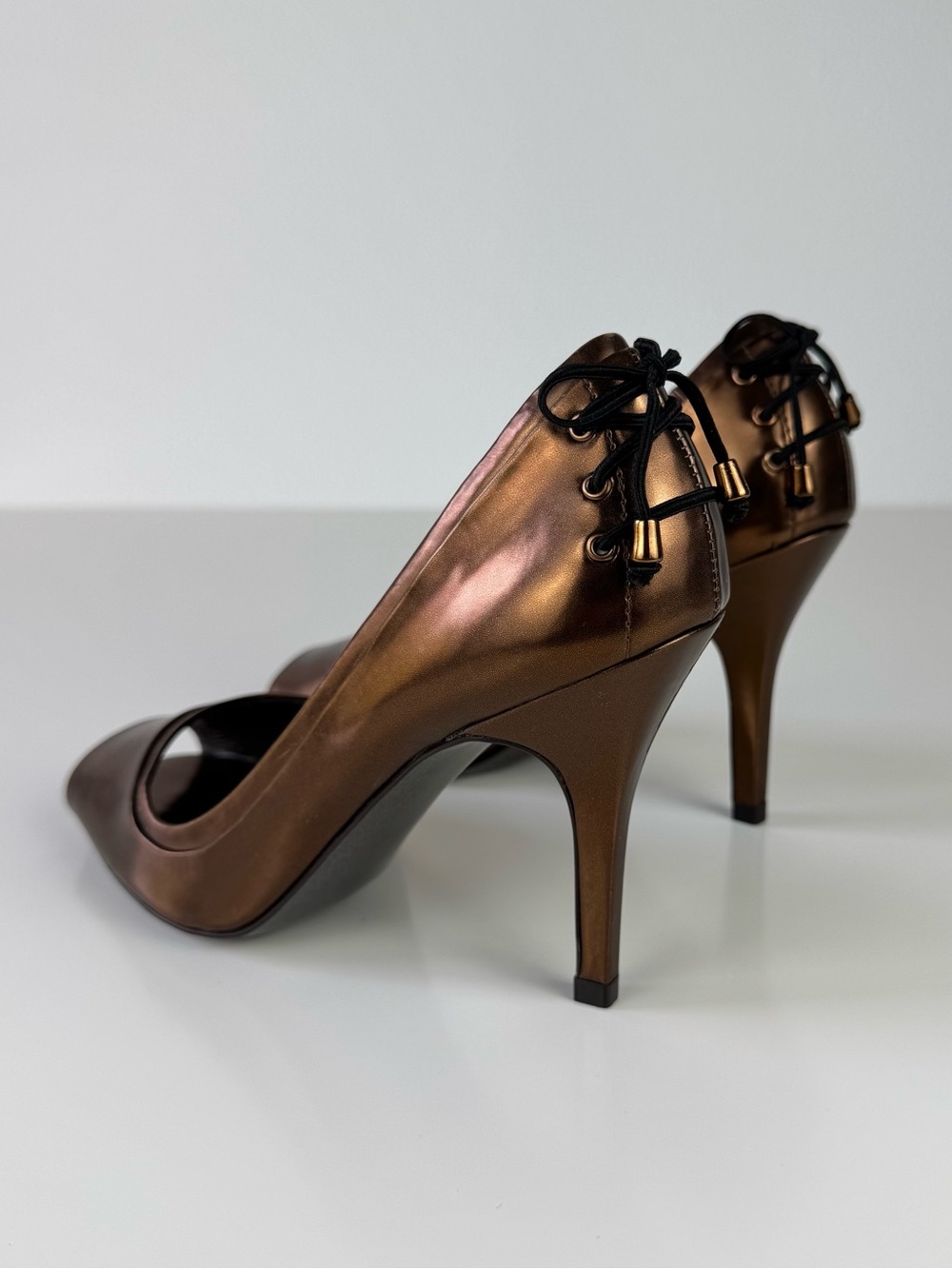 Jessica Simpson Bronze Metallic Peep Toe Heels Corset Lace Up Stilettos Size 8